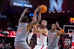 Nebraska Cornhusker guard Rollie Worster (24) passes the ball against UT Rio Grande Valley Vaqueros guard K.T. Raimey (4) in the first half during a college baskteball game Monday, November 4, 2024, in Lincoln, Nebraska. Photo by John S. Peterson.