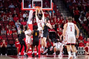 Nebraska Cornhusker forward Berke Buyuktuncel (9) dunks the ball against the Bethune-Cookman Wildcats in the first half during a college baskteball game Saturday, November 9, 2024, in Lincoln, Nebraska. Photo by John S. Peterson.