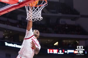 Nebraska Cornhusker guard Brice Williams (3) dunks the ball against the Fairleigh Dickinson Knights in the first half during a college basketball game Wednesday, November 13, 2024, in Lincoln, Nebraska. Photo by John S. Peterson.