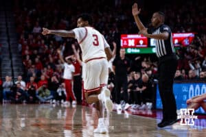 Nebraska Cornhuskers guard Brice Williams (3) celebrates a layup against the South Dakota Coyotes in the first half during a college basketball game Wednesday, November 27, 2024, in Lincoln, Nebraska. Photo by John S. Peterson.