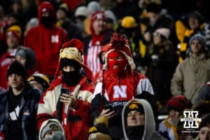 Nebraska Cornhuskers fans dressed for the cold weather for the college football game against the Iowa Hawkeyes Friday, November 29, 2024, in Iowa City, Iowa. Photo by John S. Peterson.