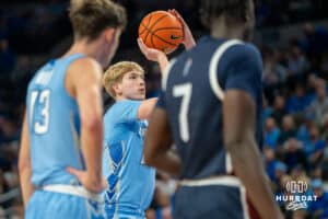 Jackson McAndrew shoots a free throw during a college basketball game November 10th, 2024 in Omaha Nebraska. Photo by Brandon Tiedemann.