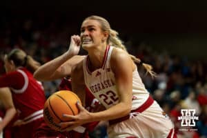 Nebraska Cornhusker forward Natalie Potts (22) drives to the basket against the South Dakota Coyotes during a college women's basketball game Saturday, November 16, 2024 in Sioux Falls, South Dakota. Photo by Collin Stilen.