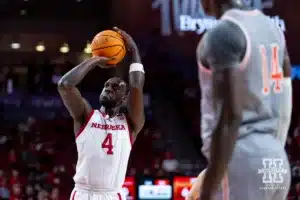 Nebraska Cornhusker forward Juwan Gary (4) shoots a free throw against the UT Rio Grande Valley Vaqueros in the first half during a college baskteball game Monday, November 4, 2024, in Lincoln, Nebraska. Photo by John S. Peterson.