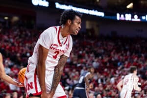 Nebraska Cornhusker guard Brice Williams (3) celebrates his dunk in the first half against the Fairleigh Dickinson Knights during a college basketball game Wednesday, November 13, 2024, in Lincoln, Nebraska. Photo by John S. Peterson.