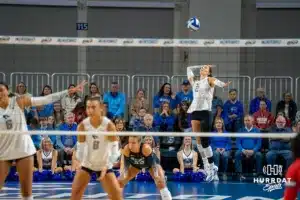 Creighton Bluejay outside hitter Norah Sis (2) serves the ball against the St. John's Red Storm during a college volleyball match Friday, November 1, 2024 in Omaha Nebraska. Photo by Brandon Tiedemann.