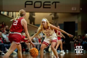 Nebraska Cornhusker guard Britt Prince (23) guards South Dakota Coyote guard Grace Larkins (21) during a college women's basketball game Saturday, November 16, 2024 in Sioux Falls, South Dakota. Photo by Collin Stilen.