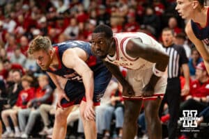 ebraska Cornhusker forward Juwan Gary (4) lines up against St. Mary's Gaels forward Paulius Murauskas (23) during a college basketball game Sunday, November 17, 2024 in Sioux Falls, South Dakota.