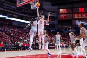 Nebraska Cornhusker forward Andrew Morgan (23) makes a lay up against UT Rio Grande Valley Vaqueros forward Kwo Agwa (12) in the first half during a college baskteball game Monday, November 4, 2024, in Lincoln, Nebraska. Photo by John S. Peterson.