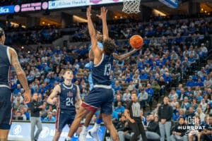 Jamiya Neal attempts a layup during a college basketball game November 10th, 2024 in Omaha Nebraska. Photo by Brandon Tiedemann.