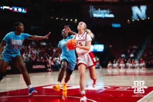 Nebraska Cornhusker Alberte Rimdal (5) drives to the basket against Southern Lady Jaguar guard Taniya Lawson (3) in the first half during a college basketball game on Tuesday, November 12, 2024, in Lincoln, Nebraska. Photo by Charlotte A. Gottfried.