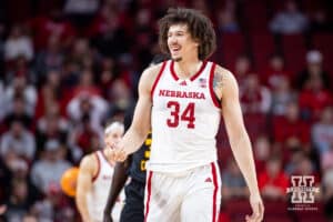 Nebraska Cornhusker center Braxton Meah (34) smilies at a break in the action against the Bethune-Cookman Wildcats in the second half during a college baskteball game Saturday, November 9, 2024, in Lincoln, Nebraska. Photo by John S. Peterson.