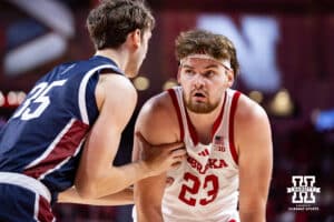 Nebraska Cornhusker forward Andrew Morgan (23) waiting for the ball to be thrown in against the Fairleigh Dickinson Knights in the first half during a college basketball game Wednesday, November 13, 2024, in Lincoln, Nebraska. Photo by John S. Peterson.