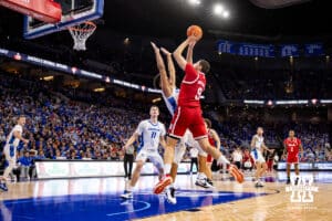 Nebraska Cornhusker forward Berke Buyuktuncel (9) makes a jump shot against the Creighton Bluejays in the first half during a college basketball game Friday, November 22, 2024 in Omaha, Nebraska. Photo by John S. Peterson.