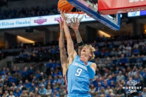 Ty Davis shoots a layup during a college basketball game November 10th, 2024 in Omaha Nebraska. Photo by Brandon Tiedemann.