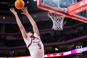 Nebraska Cornhusker forward Berke Buyuktuncel (9) reaches for the rebound against the Bethune-Cookman Wildcats in the first half during a college baskteball game Saturday, November 9, 2024, in Lincoln, Nebraska. Photo by John S. Peterson.