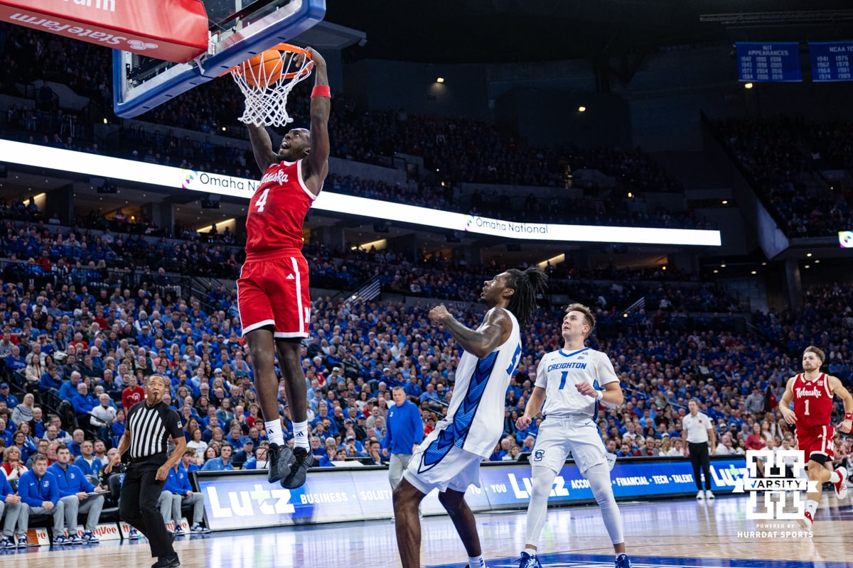 Nebraska Cornhusker forward Juwan Gary (4) makes a dunk against the Creighton Bluejays in the first half during a college basketball game Friday, November 22, 2024 in Omaha, Nebraska. Photo by John S. Peterson.