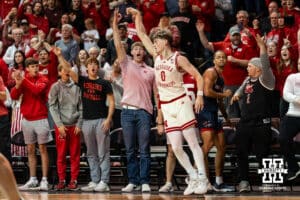 Nebraska Cornhusker guard Connor Essegian (0) makes a three-point shot against the St. Mary's Gaels during a college basketball game Sunday, November 17, 2024 in Sioux Falls, South Dakota.