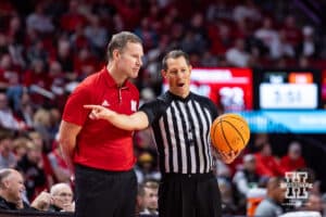 Nebraska Cornhusker head coach Fred Hoiberg listens to the referee explain a call in the first half during a college baskteball game against the Bethune-Cookman Wildcats Saturday, November 9, 2024, in Lincoln, Nebraska. Photo by John S. Peterson.