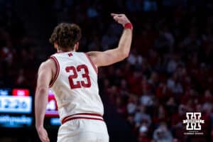 Nebraska Cornhuskers forward Andrew Morgan (23) celebrates a three-point shot against the South Dakota Coyotes in the first half during a college basketball game Wednesday, November 27, 2024, in Lincoln, Nebraska. Photo by John S. Peterson.