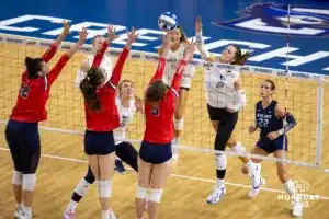 Creighton Bluejay outside hitter Norah Sis (2)spikes the ball against the St. John's Red Storm in the first set during a college volleyball match Friday, November 1, 2024, in Omaha, Nebraska. Photo by John S. Peterson.