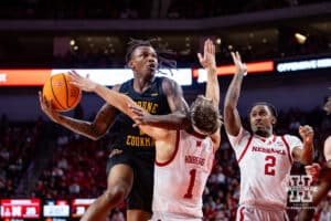 Nebraska Cornhusker guard Sam Hoiberg (1) blocks a lay up by Bethune-Cookman Wildcat guard Trey Thomas (1) in the first half during a college baskteball game Saturday, November 9, 2024, in Lincoln, Nebraska. Photo by John S. Peterson.