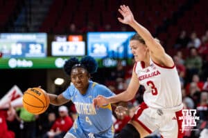 Nebraska Cornhusker guard Allison Weidner (3) guards Southern Lady Jaguar guard DaKiyah Sanders (4) in the first half during a college basketball game Tuesday, November 12, 2024, in Lincoln, Nebraska. Photo by John S. Peterson.