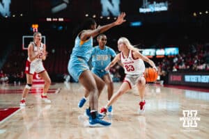 Nebraska Cornhusker guard Britt Prince (23) Britt Prince (23) dribbles the ball against the Southern Lady Jaguars in the first half during a college basketball game on Tuesday, November 12, 2024, in Lincoln, Nebraska. Photo by Charlotte A. Gottfried.