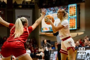 Nebraska Cornhusker guard Alberte Rimdal (5) looks to pass against the South Dakota Coyotes during a college women's basketball game Saturday, November 16, 2024 in Sioux Falls, South Dakota. Photo by Collin Stilen.