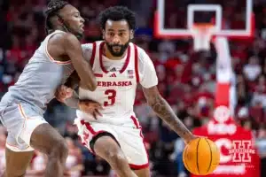 Nebraska Cornhusker guard Brice Williams (3) dribbles the ball against UT Rio Grande Valley Vaqueros guard DK Thorn (3) in the first half during a college baskteball game Monday, November 4, 2024, in Lincoln, Nebraska. Photo by John S. Peterson.