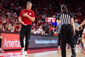 Nebraska Cornhusker head coach Fred Hoiberg talks to the referee in in the second half during a college baskteball game against the Bethune-Cookman Wildcats Saturday, November 9, 2024, in Lincoln, Nebraska. Photo by John S. Peterson.