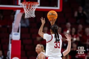 Nebraska Cornhusker guard Amiah Hargrove (33) makes a three point shot against the SE Louisiana Lady Lions during a women’s college baskteball game Saturday, November 9, 2024, in Lincoln, Nebraska. Photo by John S. Peterson.