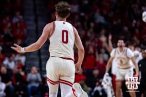 Nebraska Cornhuskers guard Connor Essegian (0) celebrates making a three-point shot against the South Dakota Coyotes in the first half during a college basketball game Wednesday, November 27, 2024, in Lincoln, Nebraska. Photo by John S. Peterson.