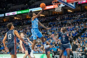 Jamiya Neal shoots a layup during a college basketball game November 10th, 2024 in Omaha Nebraska. Photo by Brandon Tiedemann.