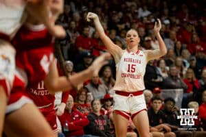 Nebraska Cornhusker guard Kendall Moriarty (15) watches the ball after trying a shot against the South Dakota Coyotes during a college women's basketball game Saturday, November 16, 2024 in Sioux Falls, South Dakota. Photo by Collin Stilen.