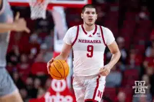 Nebraska Cornhusker forward Berke Buyuktuncel (9) dribbles the ball down court against the UT Rio Grande Valley Vaqueros in the first half during a college baskteball game Monday, November 4, 2024, in Lincoln, Nebraska. Photo by John S. Peterson.