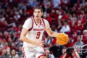 Nebraska Cornhusker forward Berke Buyuktuncel (9) drives to the basket against the Bethune-Cookman Wildcats in the second half during a college baskteball game Saturday, November 9, 2024, in Lincoln, Nebraska. Photo by John S. Peterson.