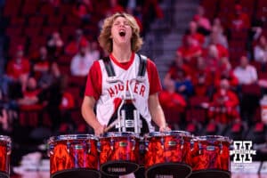 Nebraska Cornhusker Drumline performs at halftime during a college basketball game against the Southern Lady Jaguars on Tuesday, November 12, 2024, in Lincoln, Nebraska. Photo by John S. Peterson.