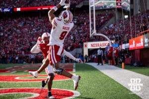 Wisconsin Badger wide receiver Bryson Green (9) makes a catch for a touchdown against the Nebraska Cornhuskers in th efirst quarterduring a college football game Saturday, November 23, 2024 in Lincoln, Nebraska. Photo by John S. Peterson.