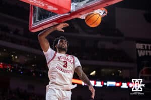 Nebraska Cornhuskers guard Brice Williams (3) dunks the ball against the South Dakota Coyotes in the first half during a college basketball game Wednesday, November 27, 2024, in Lincoln, Nebraska. Photo by John S. Peterson.