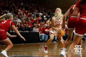 Nebraska Cornhusker guard Britt Prince (23) takes a shot against the South Dakota Coyotes during a college women's basketball game Saturday, November 16, 2024 in Sioux Falls, South Dakota. Photo by Collin Stilen.