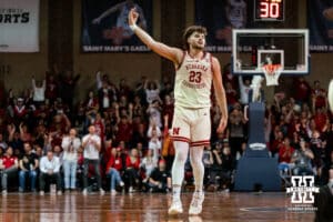 Nebraska Cornhusker forward Andrew Morgan (23) celebrates a three-point shot against the St. Mary's Gaels during a college basketball game Sunday, November 17, 2024 in Sioux Falls, South Dakota.