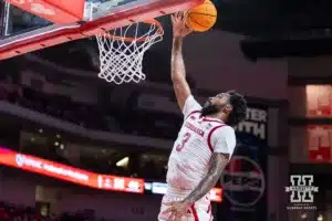 Nebraska Cornhusker guard Brice Williams (3) makes a lay up against the UT Rio Grande Valley Vaqueros in the first half during a college baskteball game Monday, November 4, 2024, in Lincoln, Nebraska. Photo by John S. Peterson.