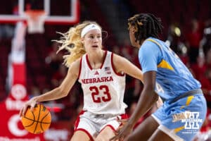 Nebraska Cornhusker guard Britt Prince (23) dribbles the ball against Southern Lady Jaguar guard Soniyah Reed (14) in the first half during a college basketball game Tuesday, November 12, 2024, in Lincoln, Nebraska. Photo by John S. Peterson.