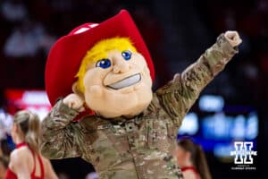 Nebraska Cornhuskers mascot Herbie gives a pose at a break in the action against the Fairleigh Dickinson Knights during a college basketball game Wednesday, November 13, 2024, in Lincoln, Nebraska. Photo by John S. Peterson.