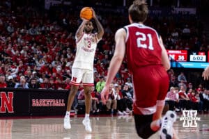 Nebraska Cornhuskers guard Brice Williams (3) makes a three-point shot against the South Dakota Coyotes in the first half during a college basketball game Wednesday, November 27, 2024, in Lincoln, Nebraska. Photo by John S. Peterson.