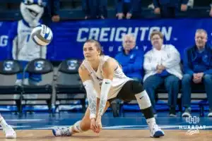 Creighton Bluejay outside hitter Norah Sis (2) digs the ball against the St. John's Red Storms in the first set during a college volleyball match Friday, November 1, 2024 in Omaha Nebraska. Photo by Brandon Tiedemann.