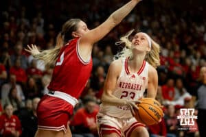 Nebraska Cornhusker guard Britt Prince (23) takes a shot against South Dakota Coyote guard Coral Mason (3) during a college women's basketball game Saturday, November 16, 2024 in Sioux Falls, South Dakota. Photo by Collin Stilen.