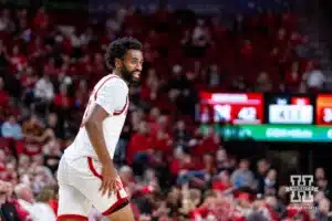 Nebraska Cornhusker guard Brice Williams (3) smiles after making a lay up against the UT Rio Grande Valley Vaqueros in the first half during a college baskteball game Monday, November 4, 2024, in Lincoln, Nebraska. Photo by John S. Peterson.