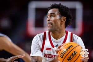 Nebraska Cornhusker guard Brice Williams (3) looks to pass against the Fairleigh Dickinson Knights in the first half during a college basketball game Wednesday, November 13, 2024, in Lincoln, Nebraska. Photo by John S. Peterson.